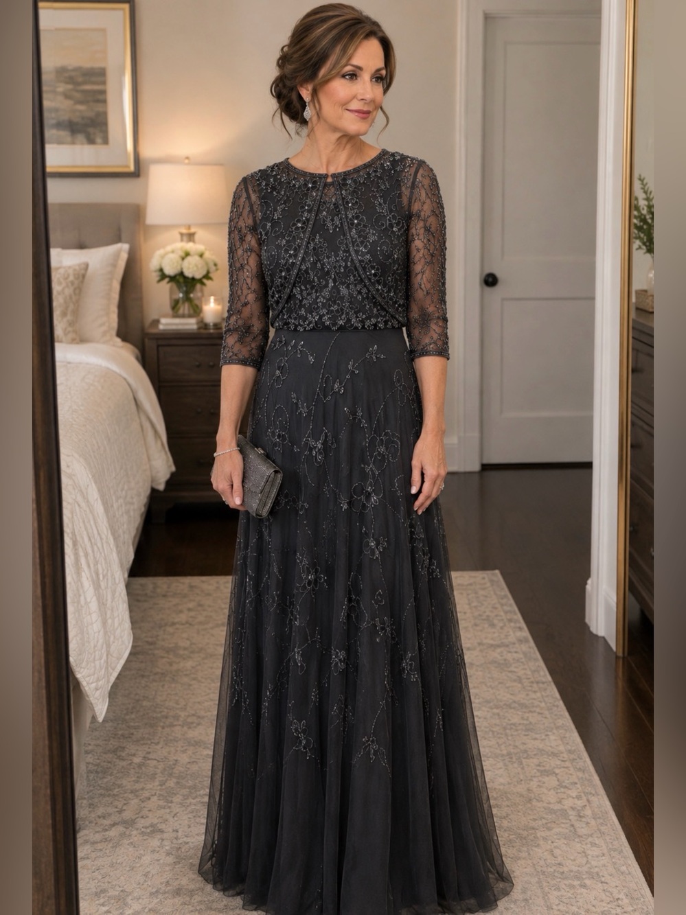 Pisarro Nights 4 beaded wedding evening gown maxi dress with a bolero cardigan